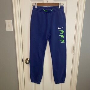 Nike Sweatpants Boys Large 12Y 13Y Blue Fleece Joggers Lightning Bolt Graphic